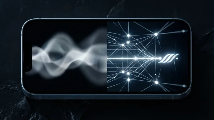 Мужчина в костюме управляет голографическим цифровым интерфейсом с сетевыми данными и IP-адресами, который отображается над смартфоном.