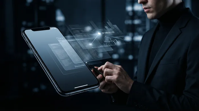 Два смартфона лежат рядом на столе, соединенные светящейся цифровой сетью, символизирующей передачу данных между устройствами.