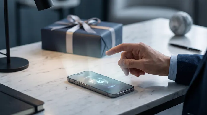 Рука держит смартфон с интерфейсом обмена сообщениями, поверх которого наложены технологические графические элементы, включая замок, микросхемы и номер телефона, что иллюстрирует мобильную безопасность и цифровые коммуникации.