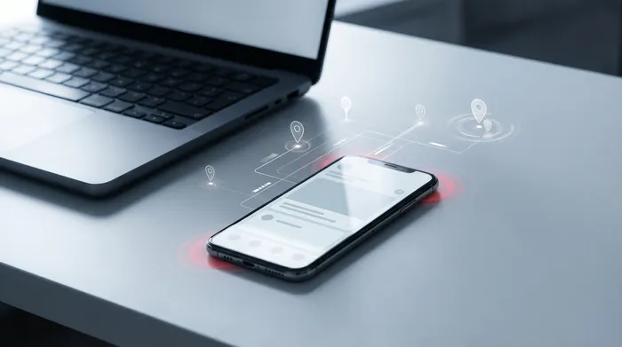 Рука мужчины в костюме взаимодействует со смартфоном, лежащим на столе, на экране которого отображается цифровая иконка замка, символизирующая кибербезопасность.