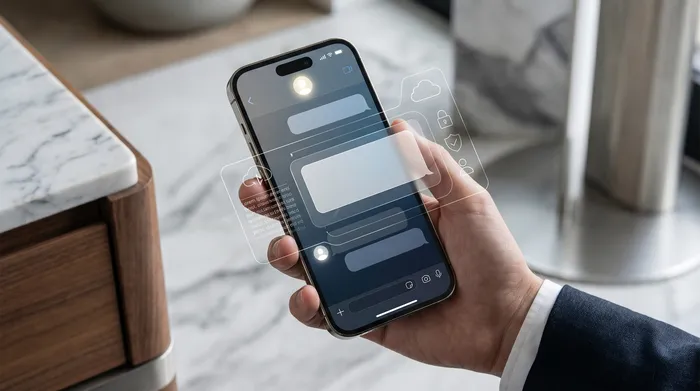 Смартфон лежит на столе рядом с ноутбуком, на его экране отображаются цифровые значки геолокации в дополненной реальности.