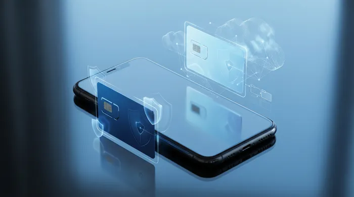 Рука держит смартфон, на котором отображается современный голографический интерфейс мессенджера с облачками чата и иконками безопасности.