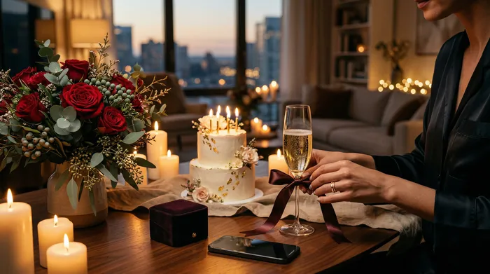 Улыбающаяся женщина, сидящая на современной кухне, смотрит в свой мобильный телефон, в то время как двое мужчин на заднем плане преподносят ей праздничные торты с зажжёнными свечами.